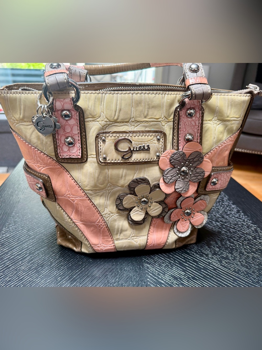 Guess Cream, Pink & Brown Floral Accent Tote